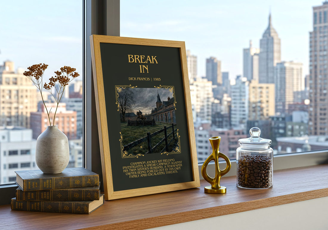 Break In Minimalist Book Poster by Dick Francis – framed print on a city-view windowsill