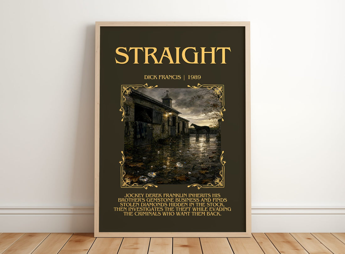 Straight Minimalist Book Poster by Dick Francis – framed print leaning on a wooden floor