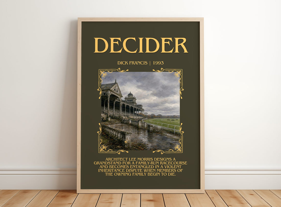 Decider Minimalist Book Poster by Dick Francis – framed print leaning on a wooden floor