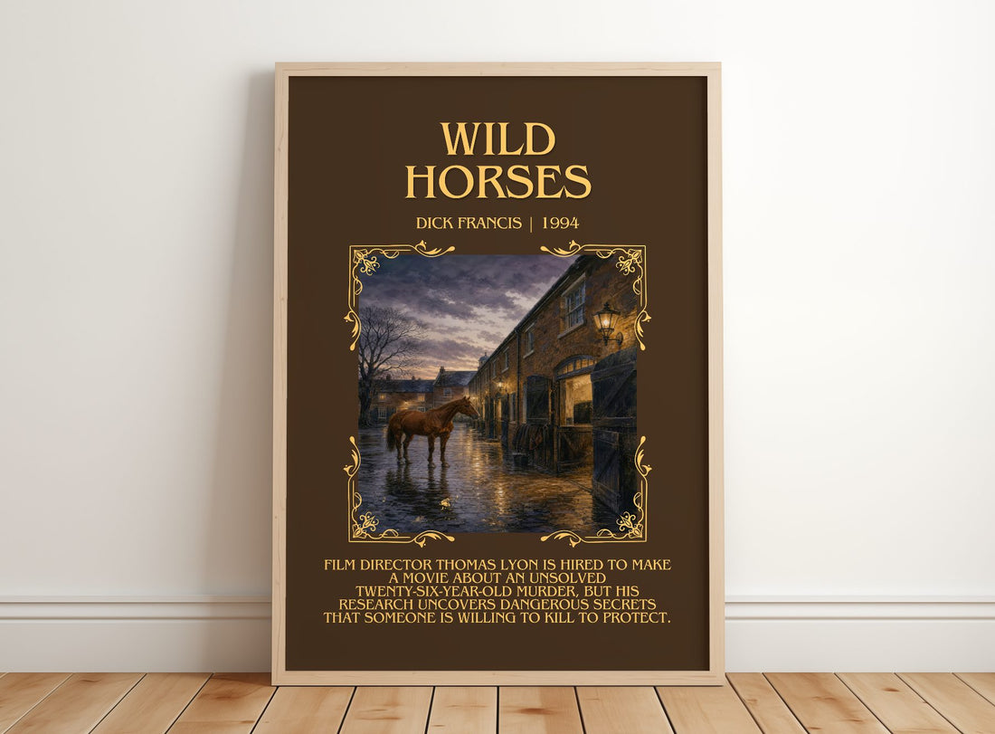Wild Horses Minimalist Book Poster by Dick Francis – framed print leaning on a wooden floor