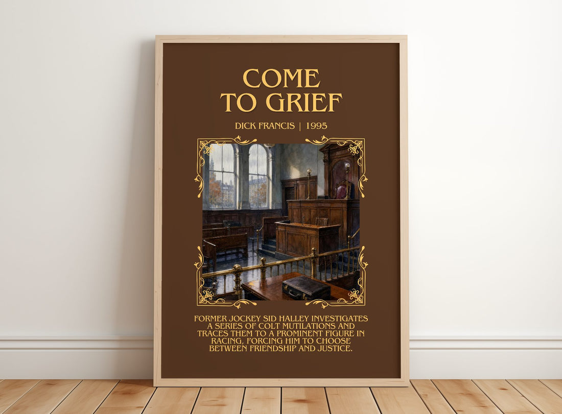 Come to Grief Minimalist Book Poster by Dick Francis – framed print leaning on a wooden floor