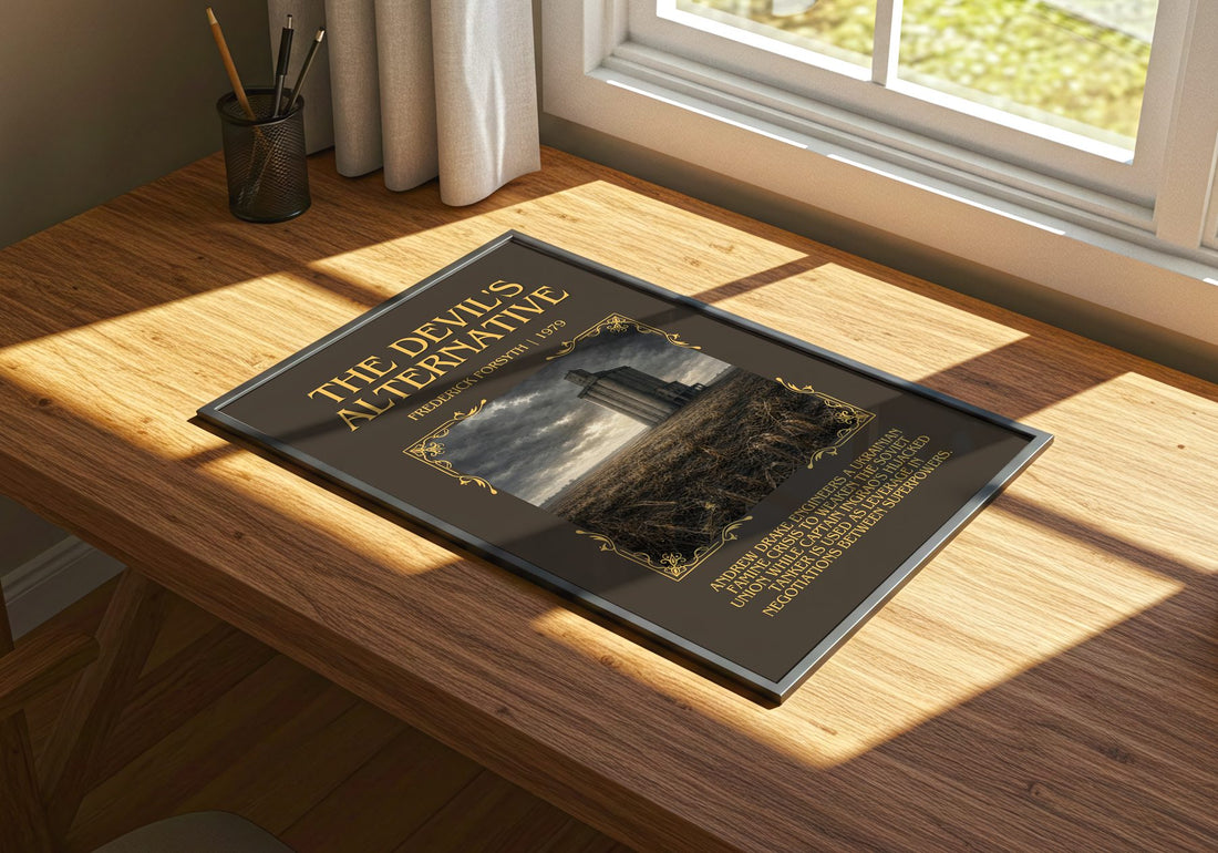 The Devil's Alternative Minimalist Book Poster by Frederick Forsyth – print on a sunlit desk