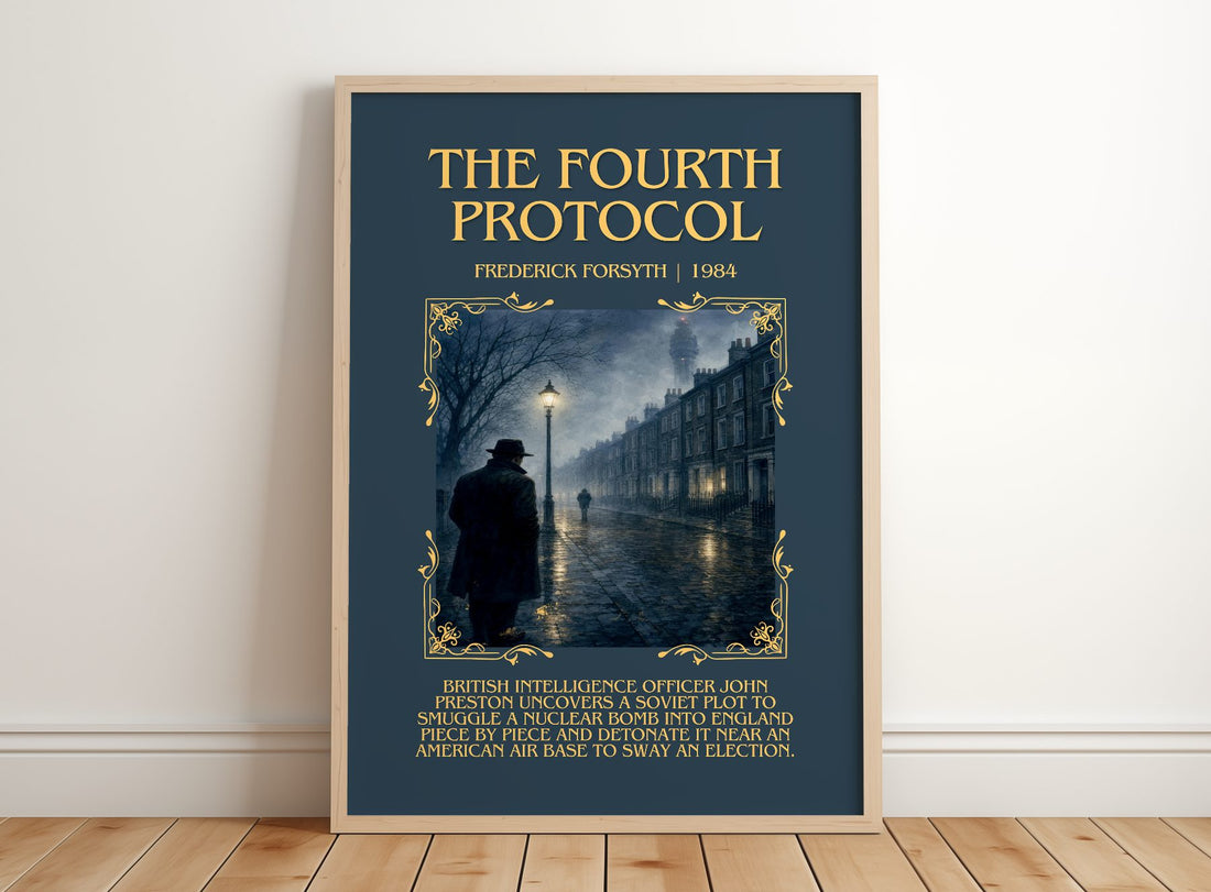 The Fourth Protocol Minimalist Book Poster by Frederick Forsyth – framed print leaning on a wooden floor