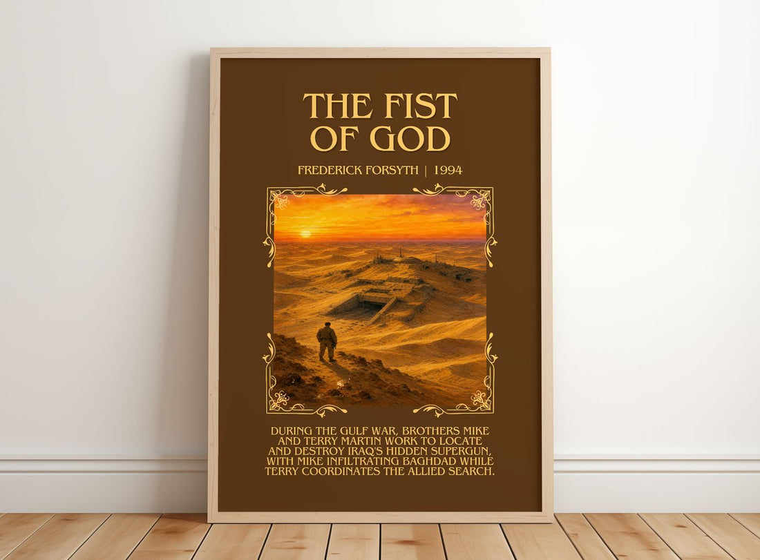 The Fist of God Minimalist Book Poster by Frederick Forsyth – framed print leaning on a wooden floor