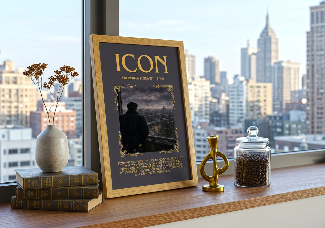 Icon Minimalist Book Poster by Frederick Forsyth – framed print on a city-view windowsill
