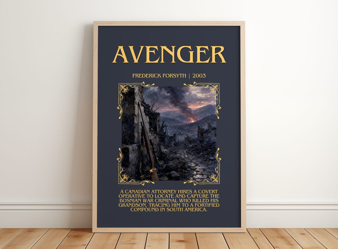 Avenger Minimalist Book Poster by Frederick Forsyth – framed print leaning on a wooden floor
