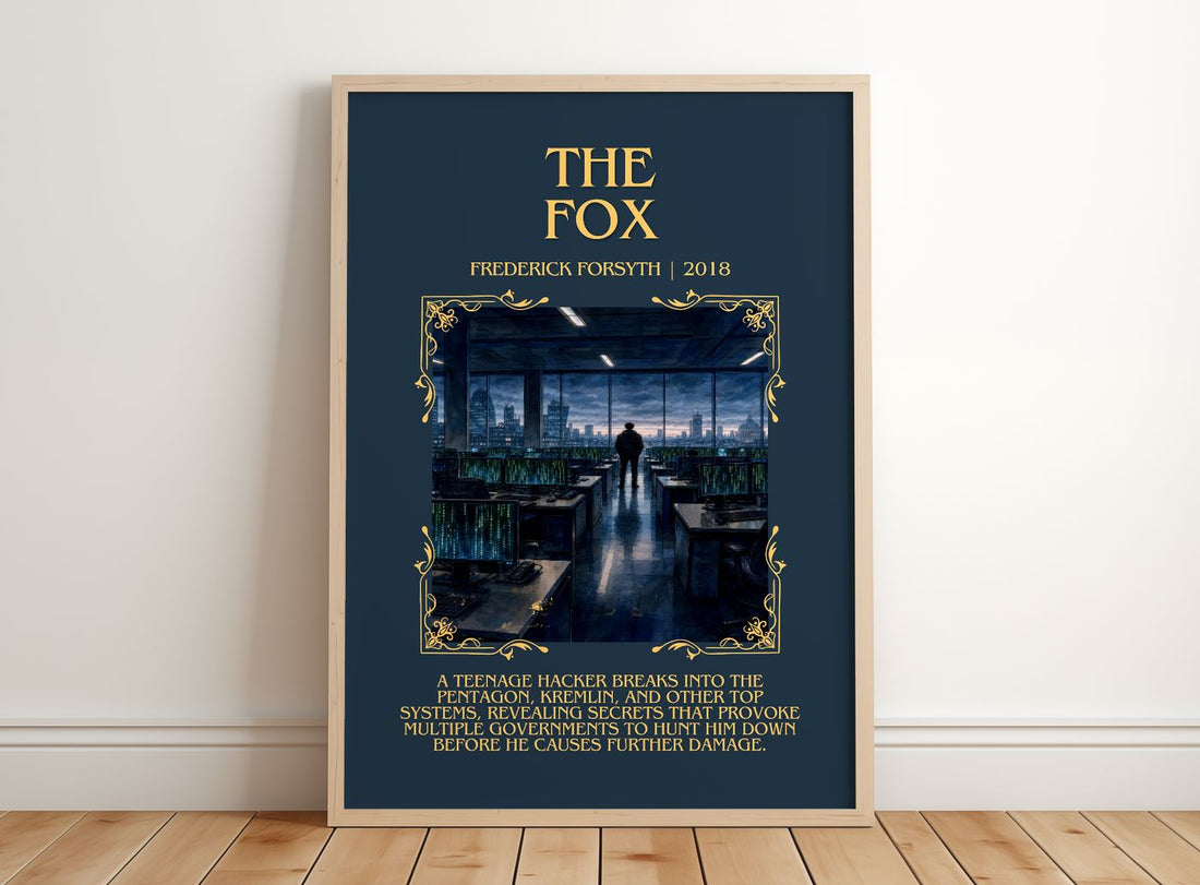 The Fox Minimalist Book Poster by Frederick Forsyth – framed print leaning on a wooden floor