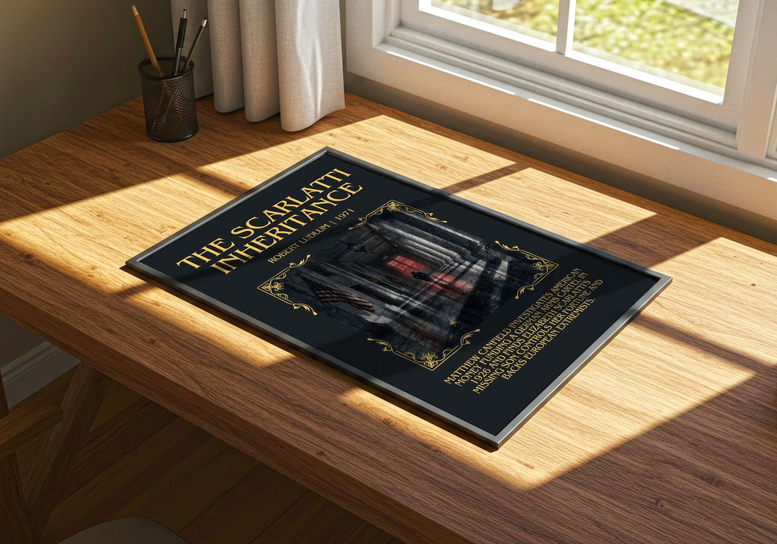 The Scarlatti Inheritance Minimalist Book Poster by Robert Ludlum – print on a sunlit desk