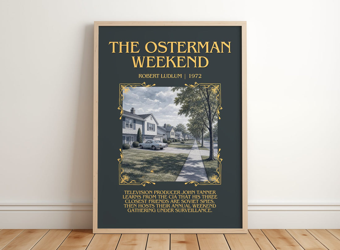 The Osterman Weekend Minimalist Book Poster by Robert Ludlum – framed print leaning on a wooden floor