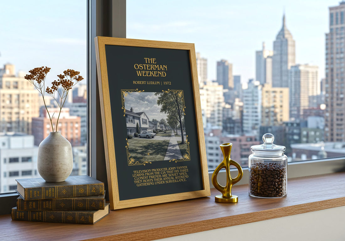 The Osterman Weekend Minimalist Book Poster by Robert Ludlum – framed print on a city-view windowsill