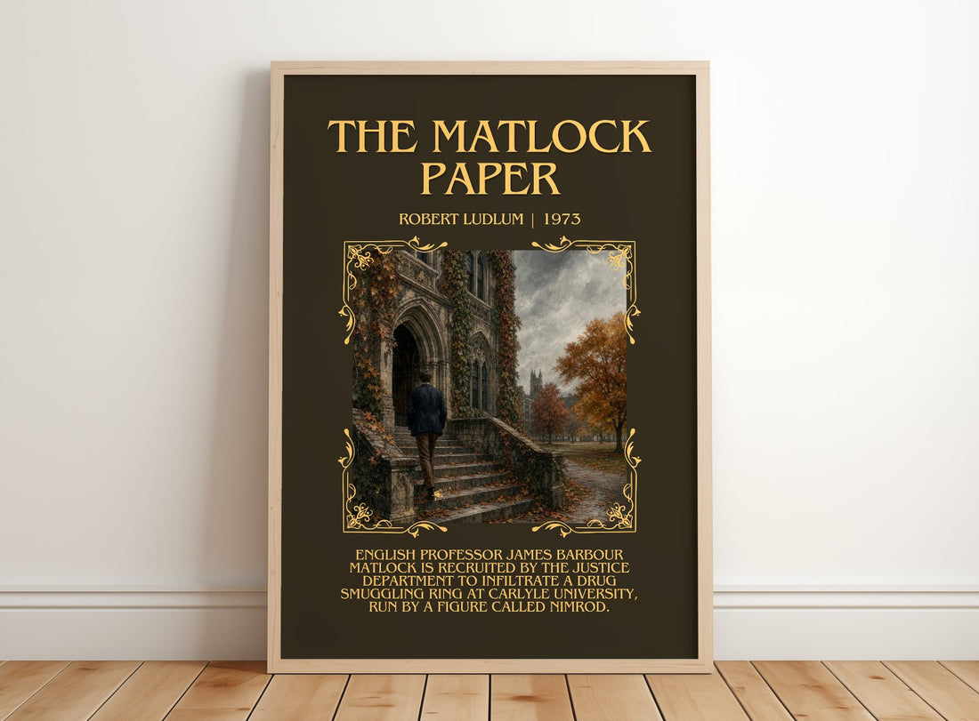 The Matlock Paper Minimalist Book Poster by Robert Ludlum – framed print leaning on a wooden floor