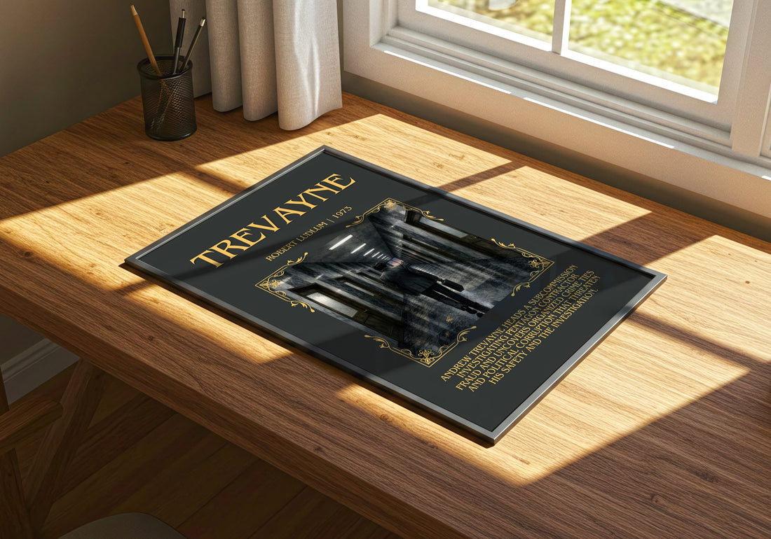 Trevayne Minimalist Book Poster by Robert Ludlum – print on a sunlit desk