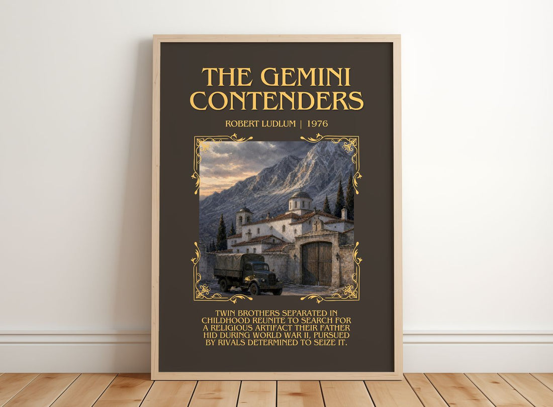 The Gemini Contenders Minimalist Book Poster by Robert Ludlum – framed print leaning on a wooden floor