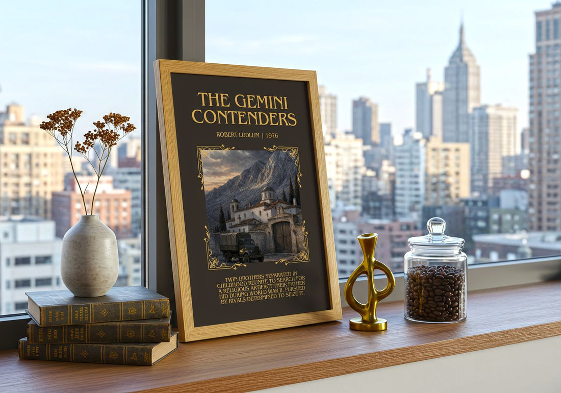 The Gemini Contenders Minimalist Book Poster by Robert Ludlum – framed print on a city-view windowsill