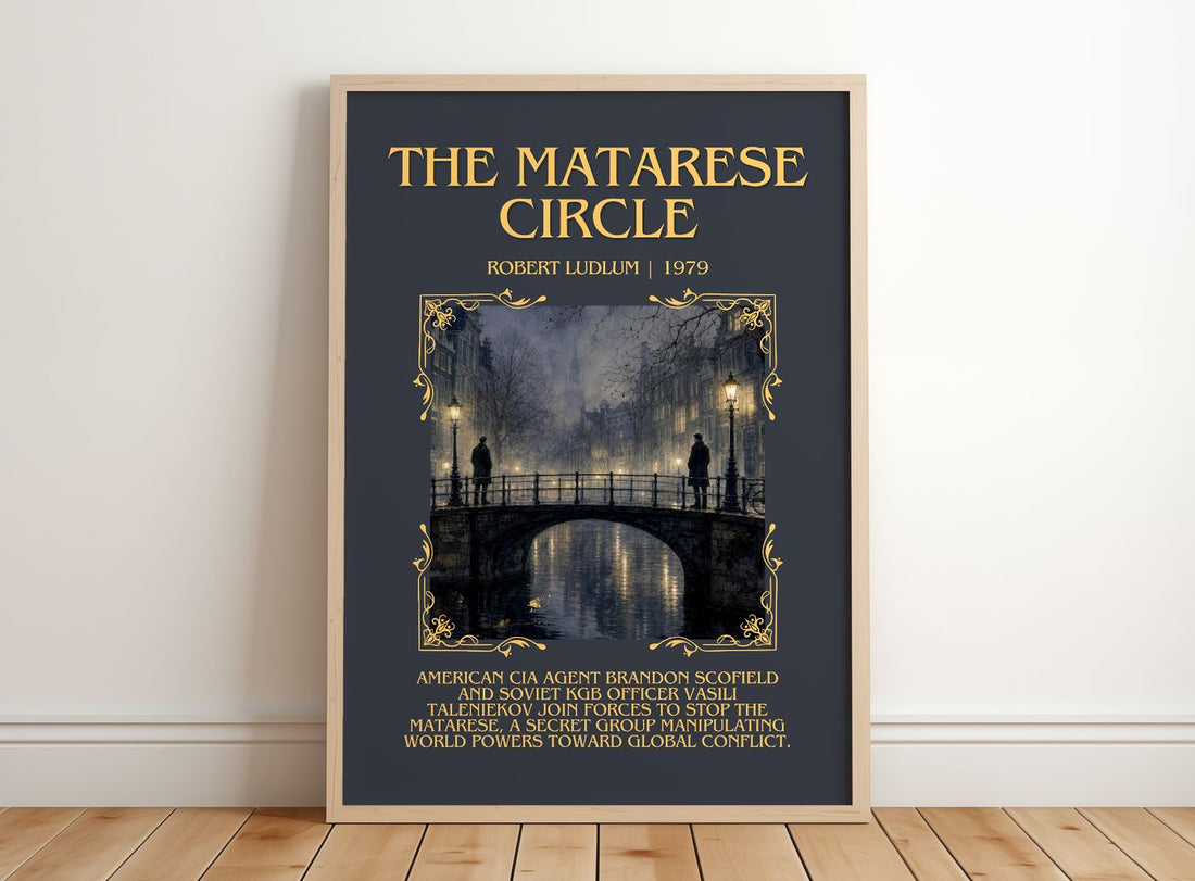 The Matarese Circle Minimalist Book Poster by Robert Ludlum – framed print leaning on a wooden floor