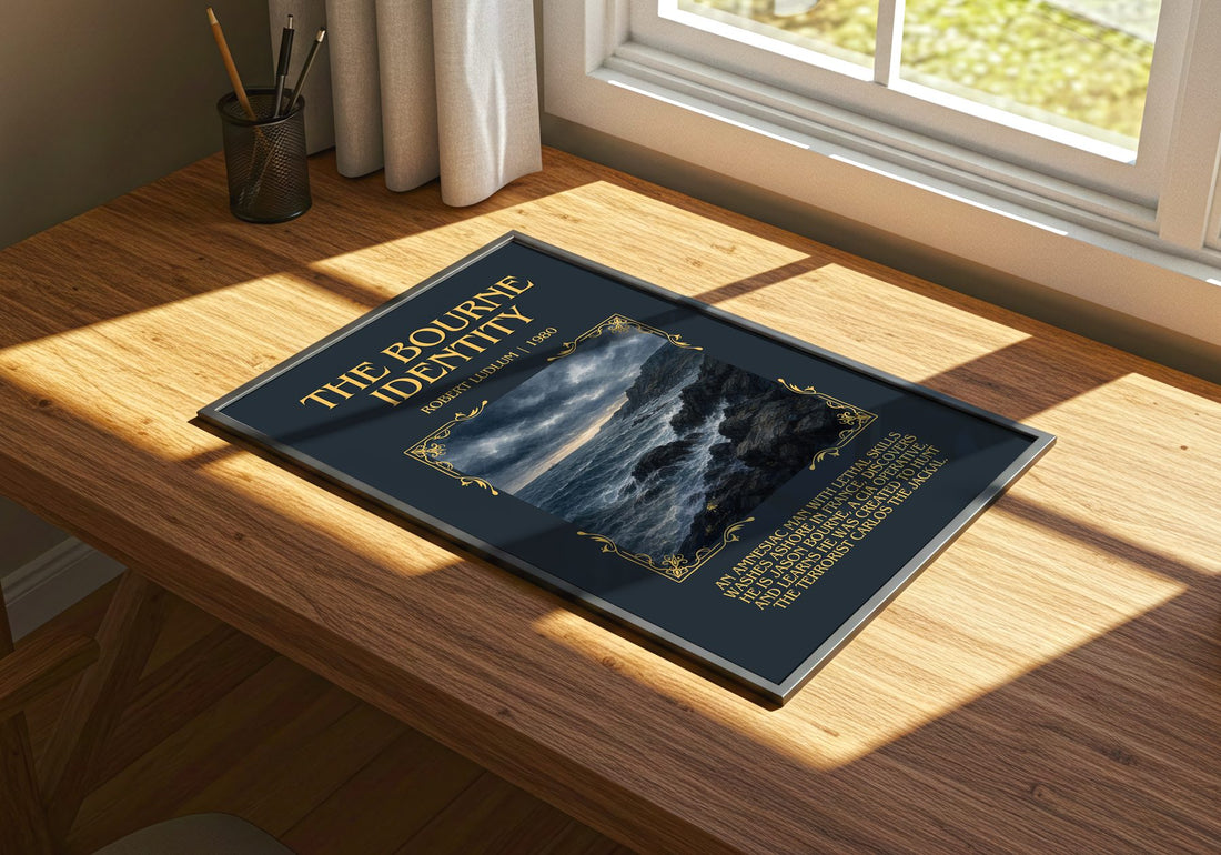 The Bourne Identity Minimalist Book Poster by Robert Ludlum – print on a sunlit desk