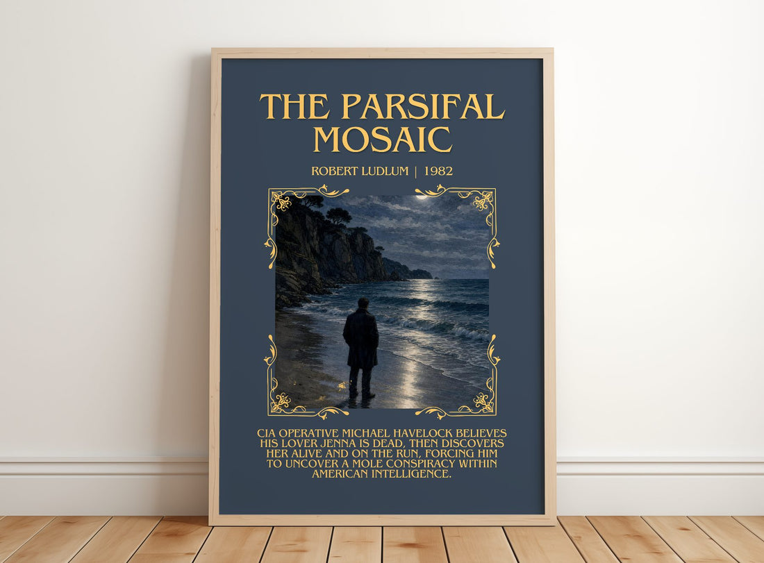 The Parsifal Mosaic Minimalist Book Poster by Robert Ludlum – framed print leaning on a wooden floor