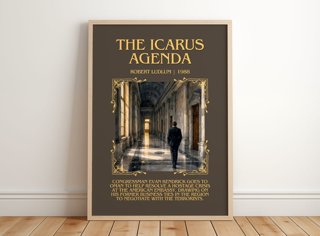 The Icarus Agenda Minimalist Book Poster by Robert Ludlum – framed print leaning on a wooden floor