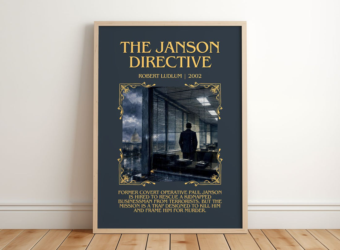 The Janson Directive Minimalist Book Poster by Robert Ludlum – framed print leaning on a wooden floor