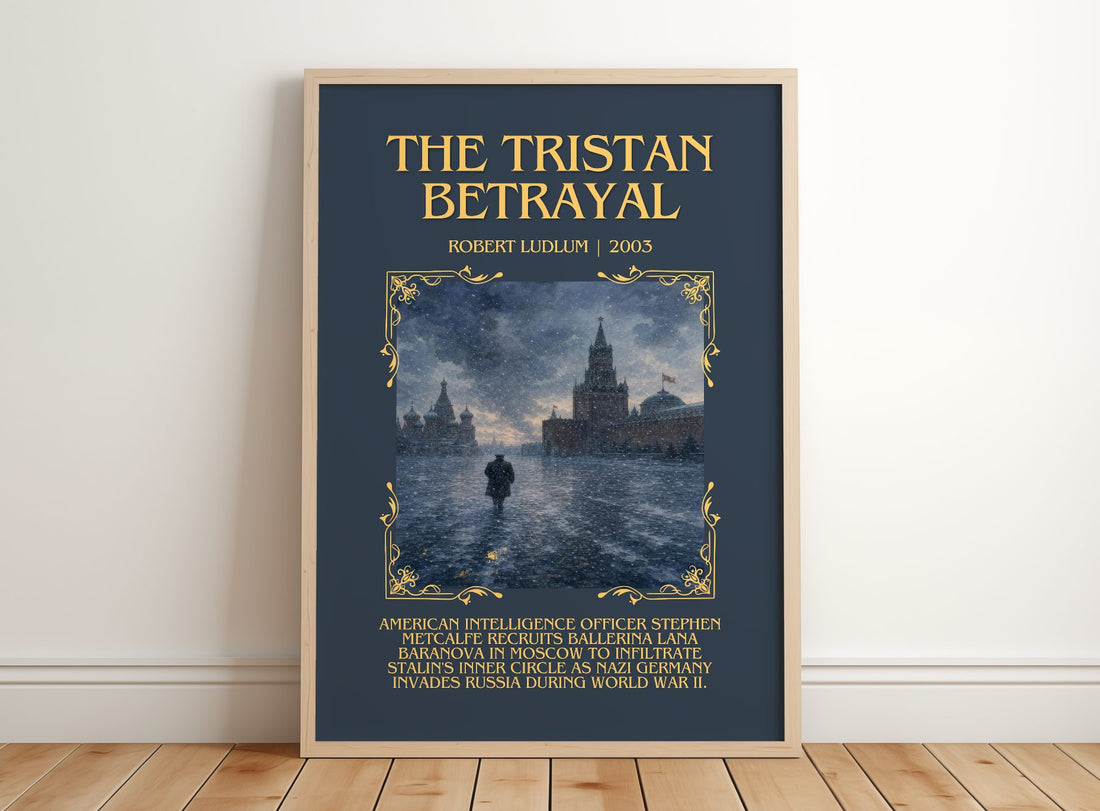 The Tristan Betrayal Minimalist Book Poster by Robert Ludlum – framed print leaning on a wooden floor