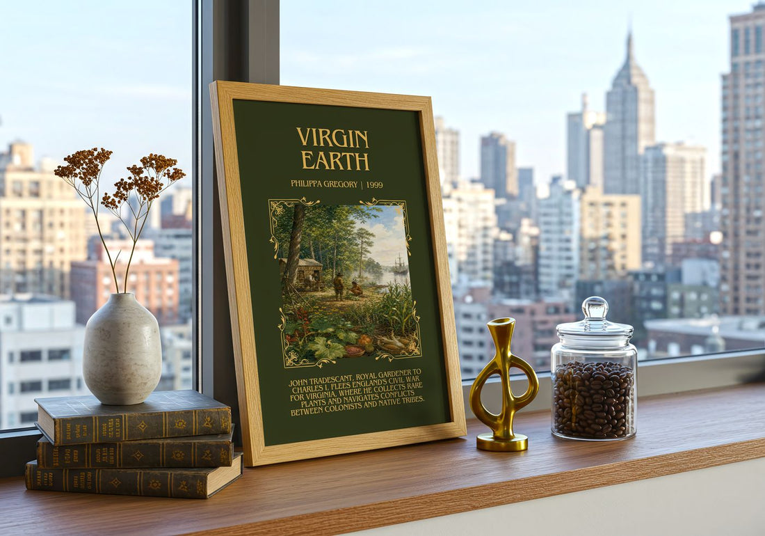 Virgin Earth Minimalist Book Poster by Philippa Gregory – framed print on a city-view windowsill