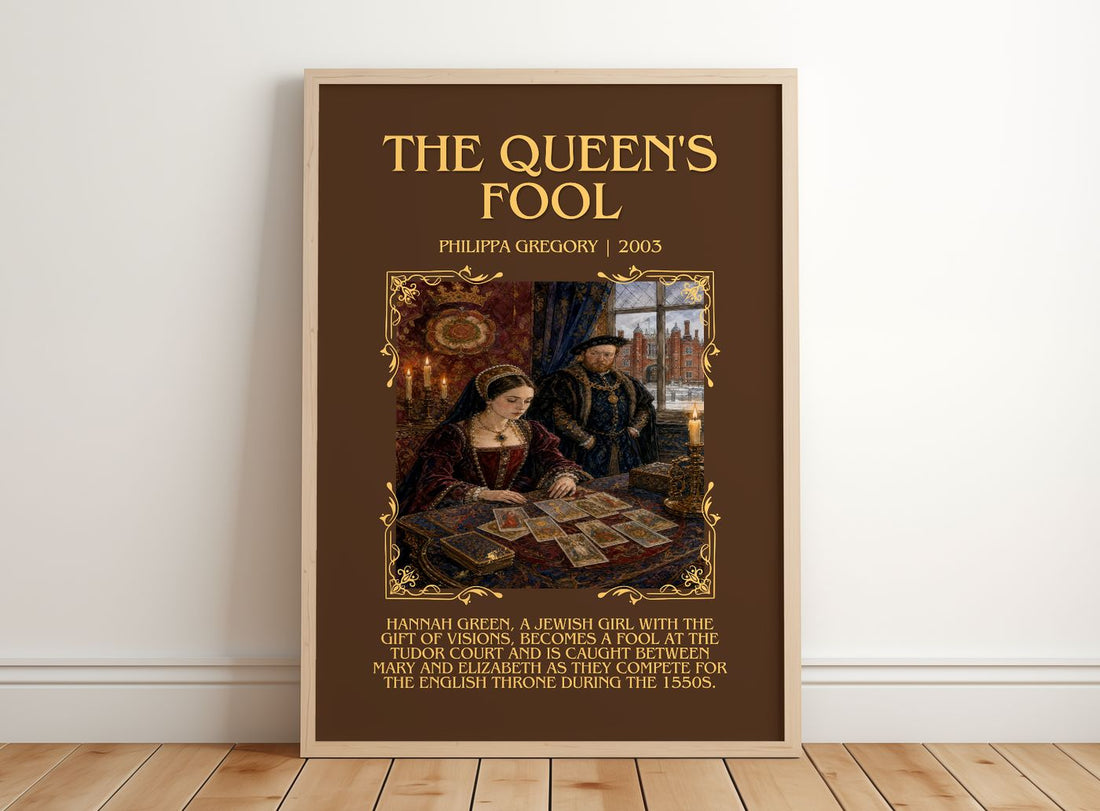 The Queen's Fool Minimalist Book Poster by Philippa Gregory – framed print leaning on a wooden floor