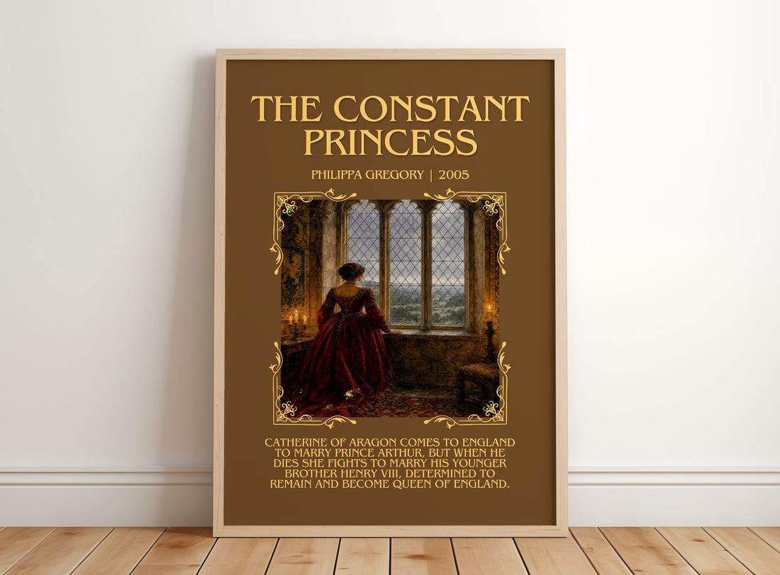 The Constant Princess Minimalist Book Poster by Philippa Gregory – framed print leaning on a wooden floor
