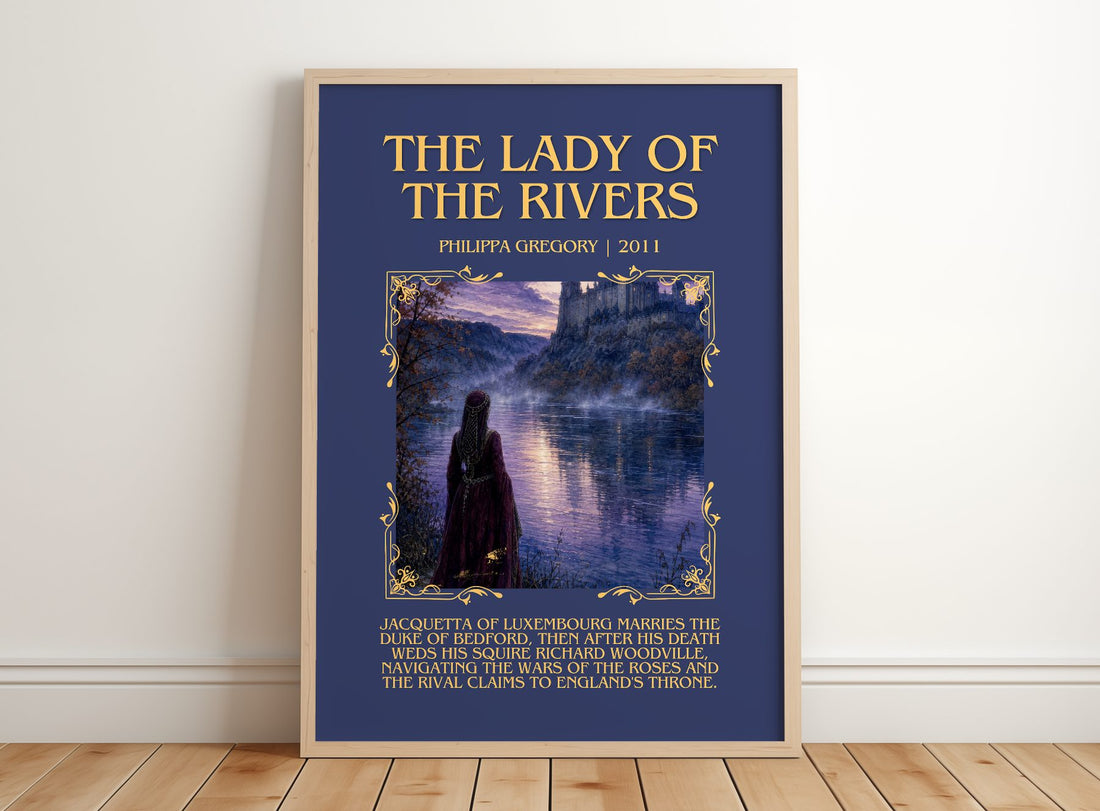 The Lady of the Rivers Minimalist Book Poster by Philippa Gregory – framed print leaning on a wooden floor