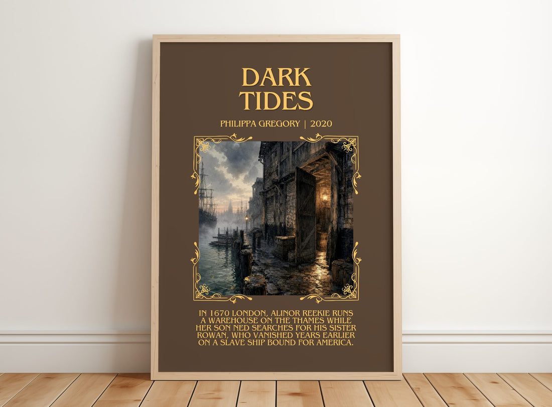 Dark Tides Minimalist Book Poster by Philippa Gregory – framed print leaning on a wooden floor