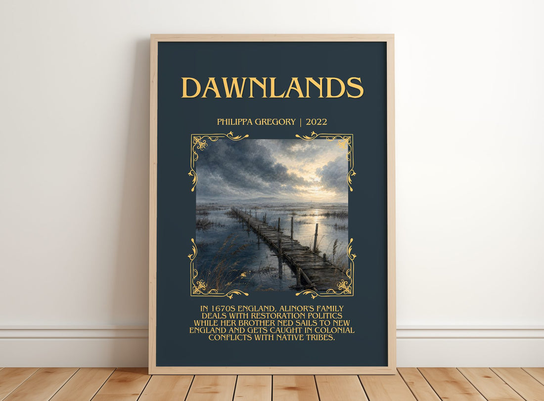 Dawnlands Minimalist Book Poster by Philippa Gregory – framed print leaning on a wooden floor