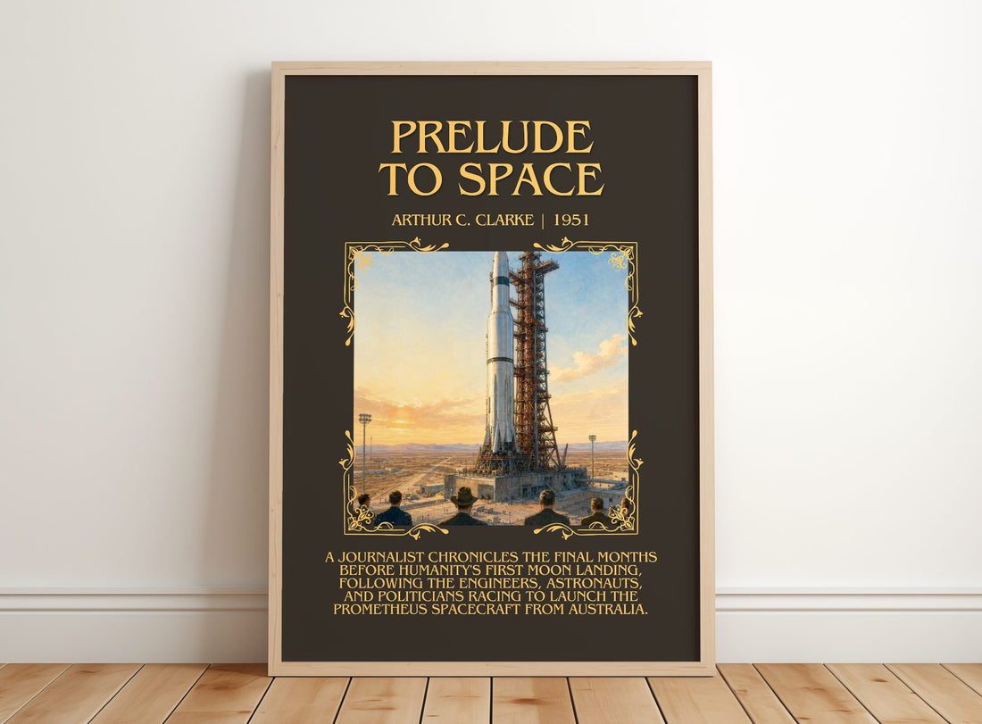 Prelude to Space Minimalist Book Poster by Arthur C. Clarke – framed print leaning on a wooden floor