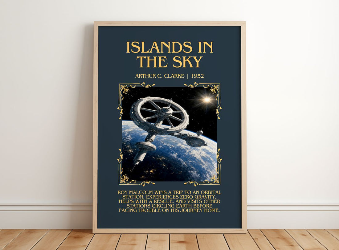 Islands in the Sky Minimalist Book Poster by Arthur C. Clarke – framed print leaning on a wooden floor