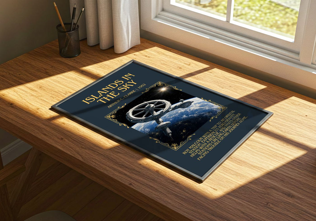 Islands in the Sky Minimalist Book Poster by Arthur C. Clarke – print on a sunlit desk