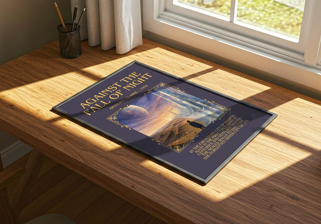 Against the Fall of Night Minimalist Book Poster by Arthur C. Clarke – print on a sunlit desk
