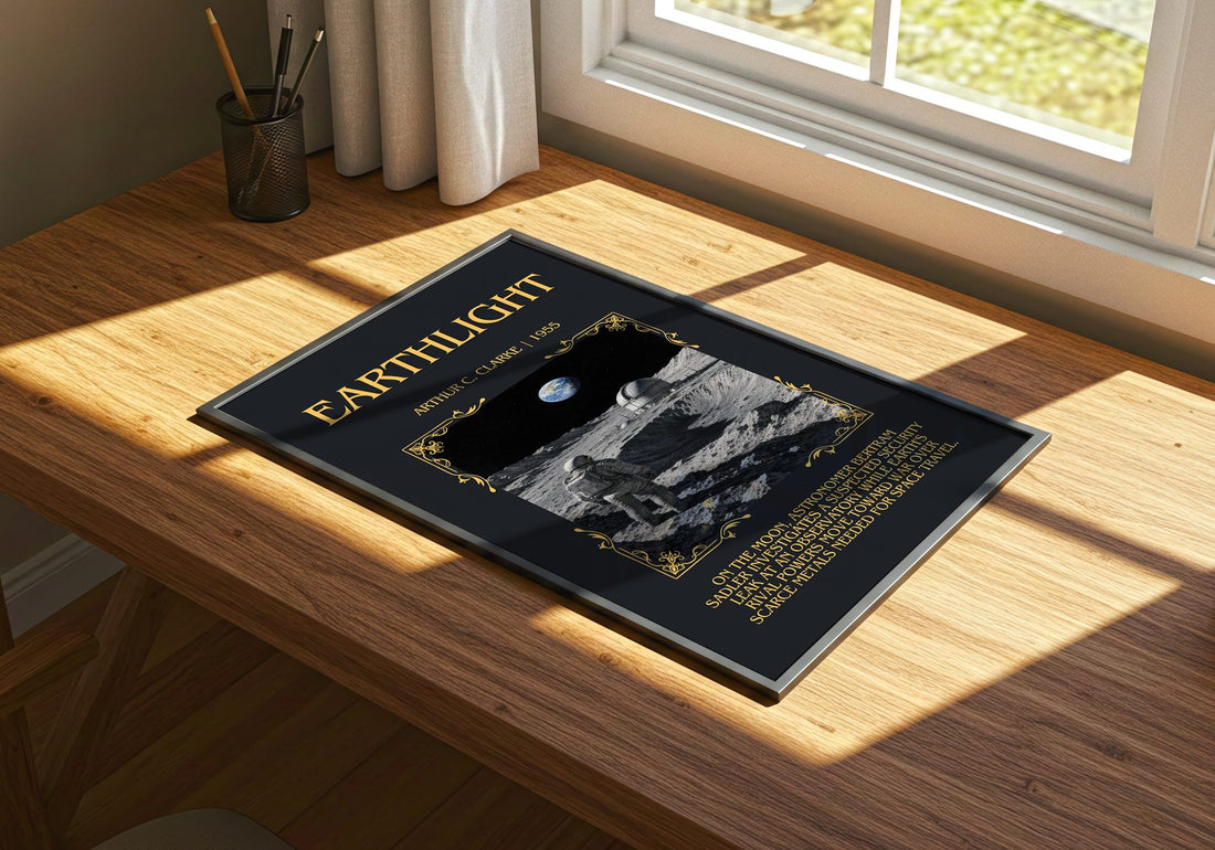 Earthlight Minimalist Book Poster by Arthur C. Clarke – print on a sunlit desk