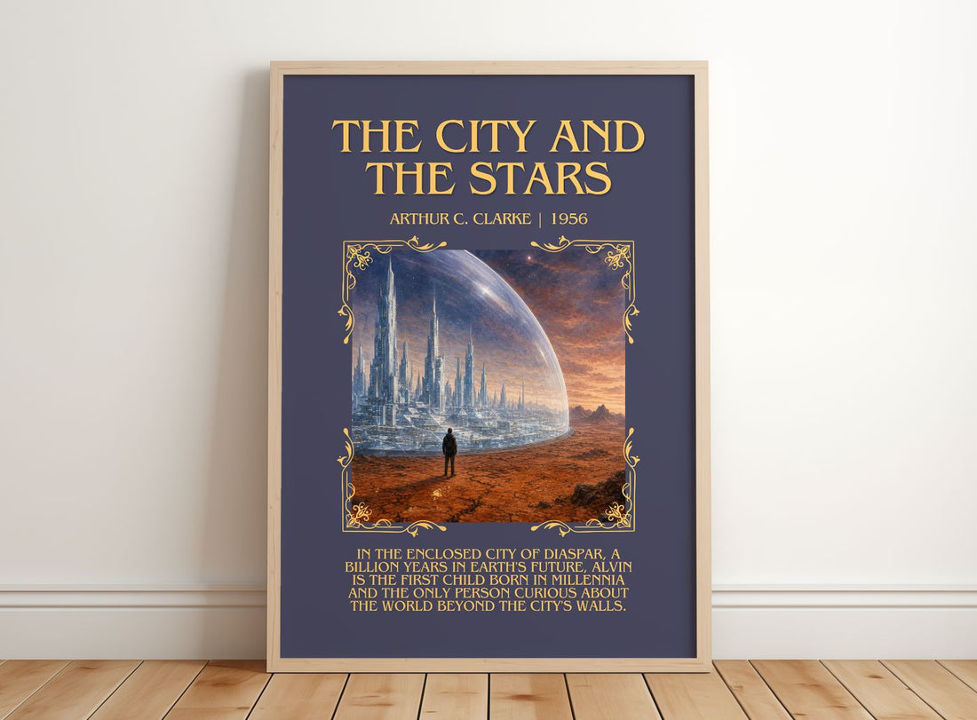 The City and the Stars Minimalist Book Poster by Arthur C. Clarke – framed print leaning on a wooden floor