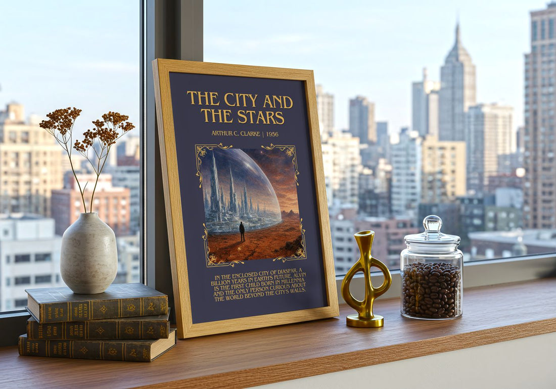The City and the Stars Minimalist Book Poster by Arthur C. Clarke – framed print on a city-view windowsill