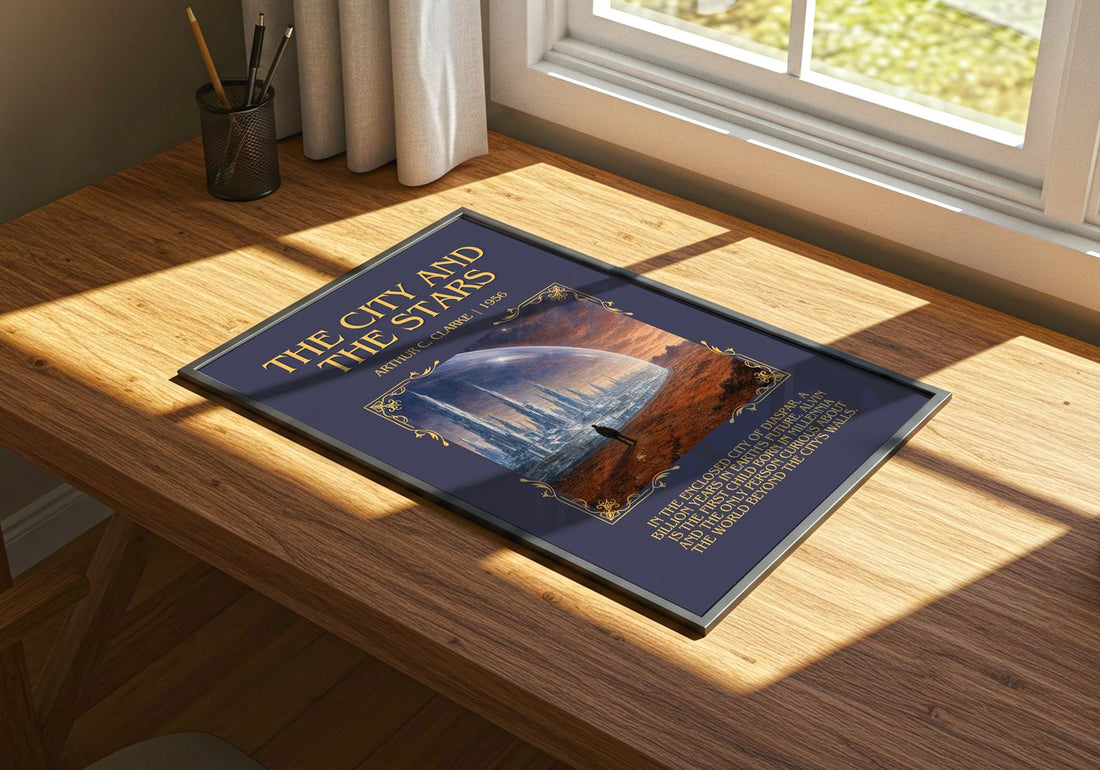 The City and the Stars Minimalist Book Poster by Arthur C. Clarke – print on a sunlit desk
