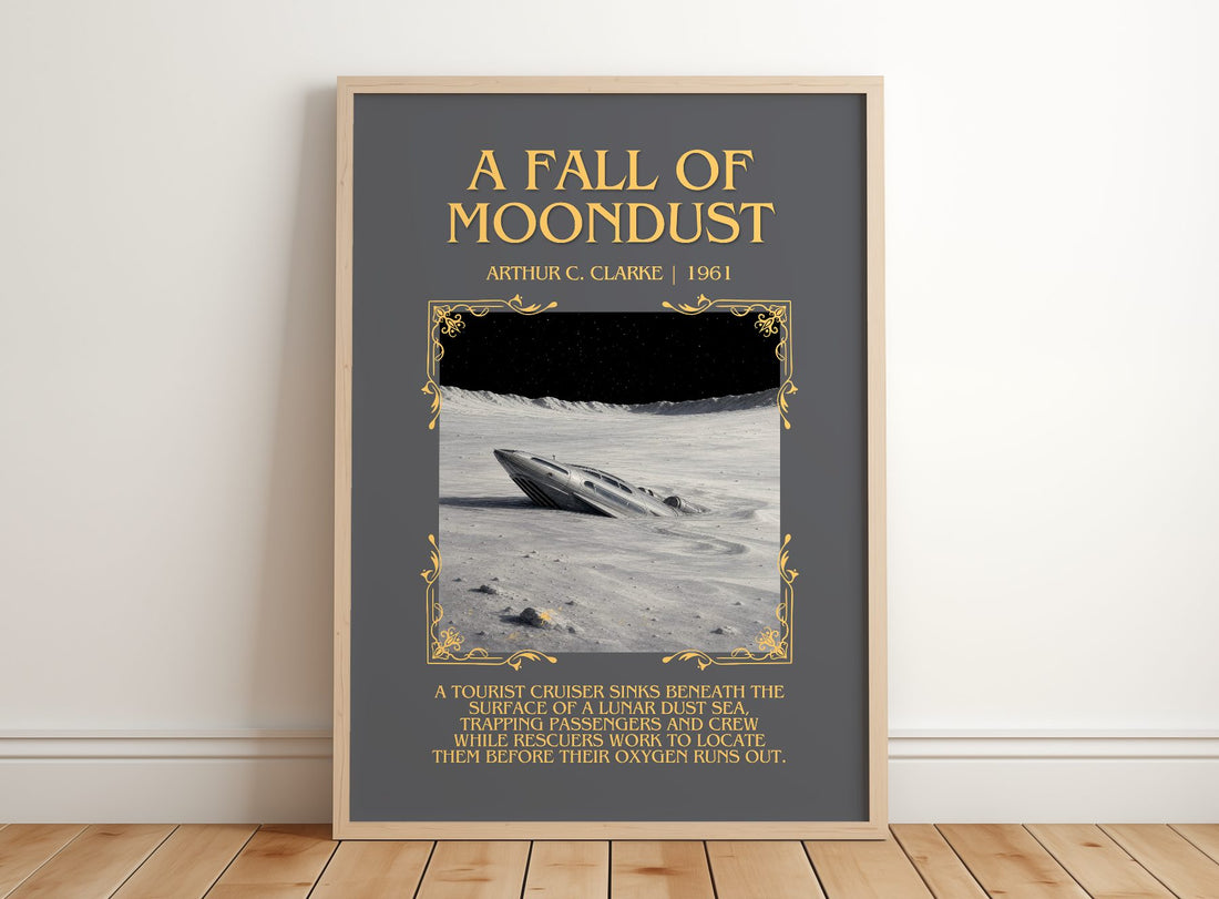 A Fall of Moondust Minimalist Book Poster by Arthur C. Clarke – framed print leaning on a wooden floor