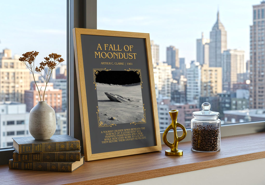 A Fall of Moondust Minimalist Book Poster by Arthur C. Clarke – framed print on a city-view windowsill