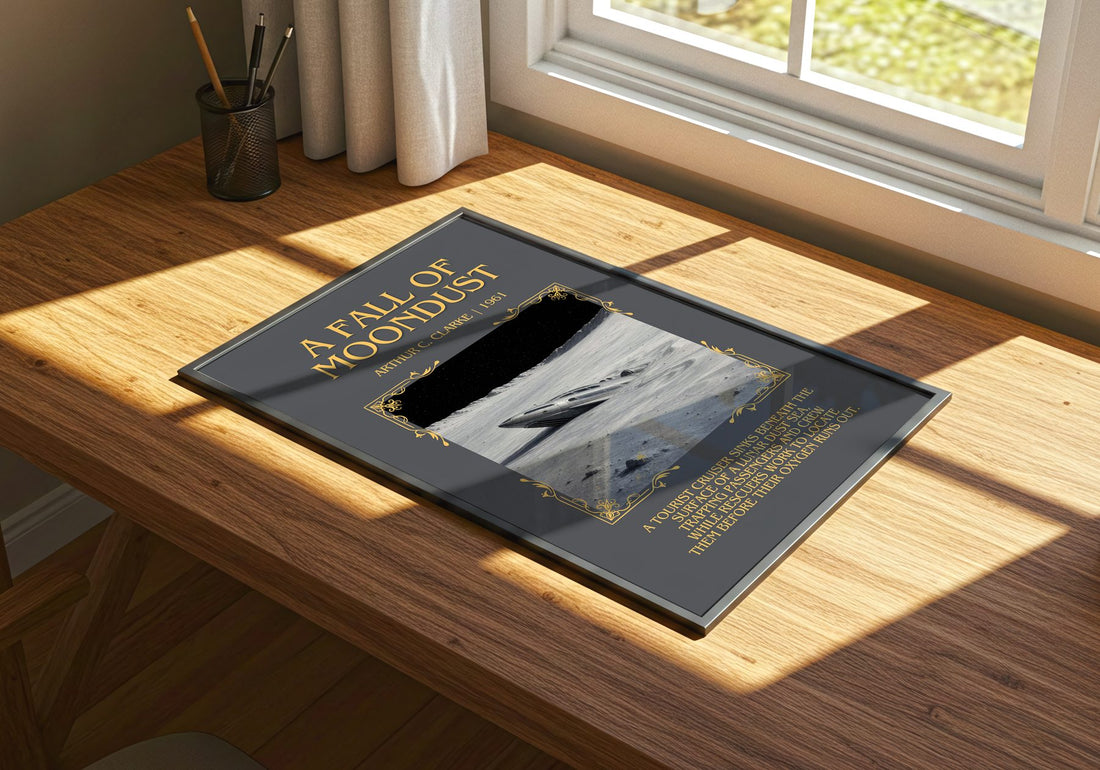 A Fall of Moondust Minimalist Book Poster by Arthur C. Clarke – print on a sunlit desk