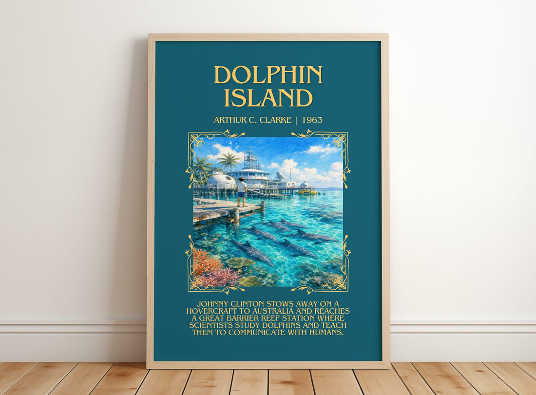 Dolphin Island Minimalist Book Poster by Arthur C. Clarke – framed print leaning on a wooden floor