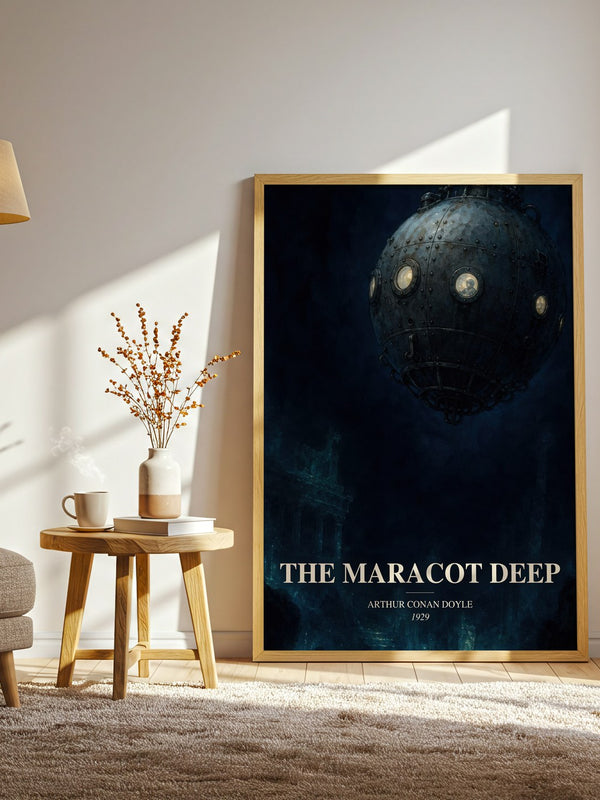 The Maracot Deep watercolour print in frame leaning in hallway – sci fi wall art