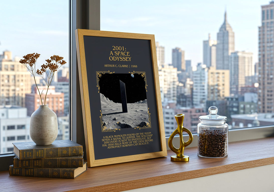 2001: A Space Odyssey Minimalist Book Poster by Arthur C. Clarke – framed print on a city-view windowsill