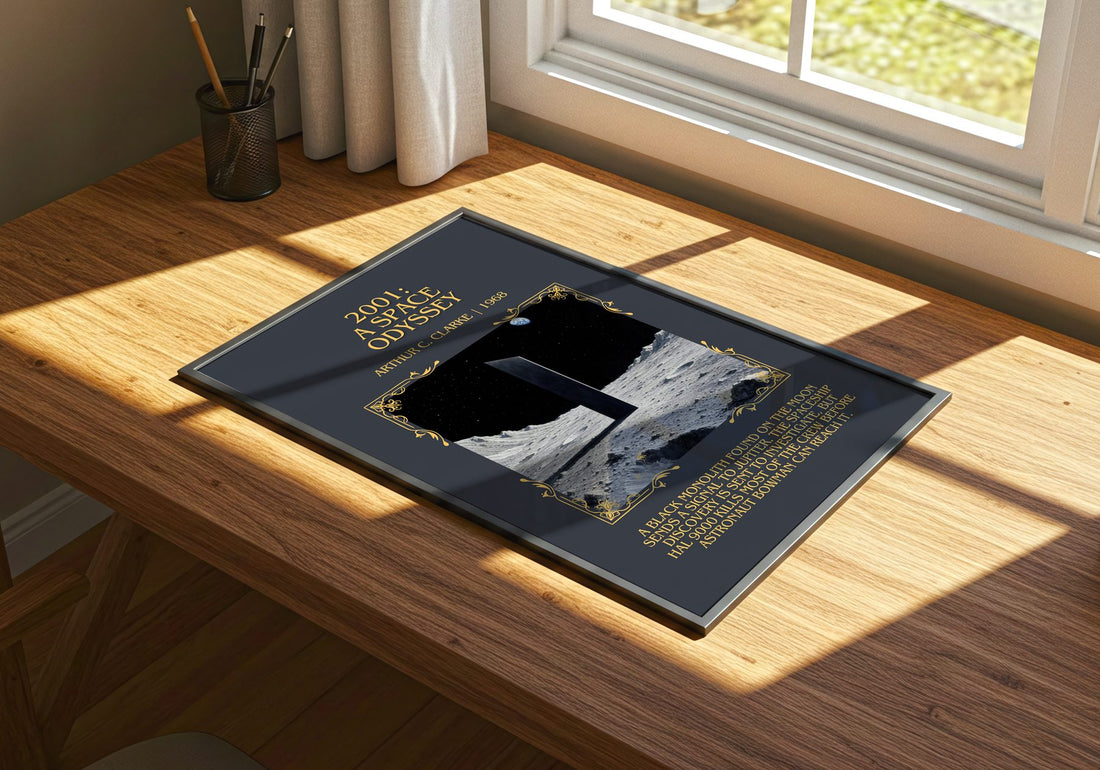 2001: A Space Odyssey Minimalist Book Poster by Arthur C. Clarke – print on a sunlit desk