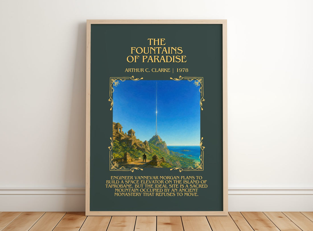 The Fountains of Paradise Minimalist Book Poster by Arthur C. Clarke – framed print leaning on a wooden floor