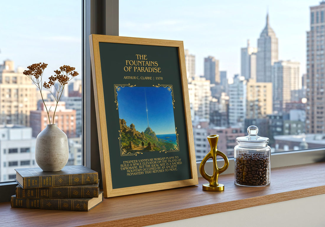 The Fountains of Paradise Minimalist Book Poster by Arthur C. Clarke – framed print on a city-view windowsill