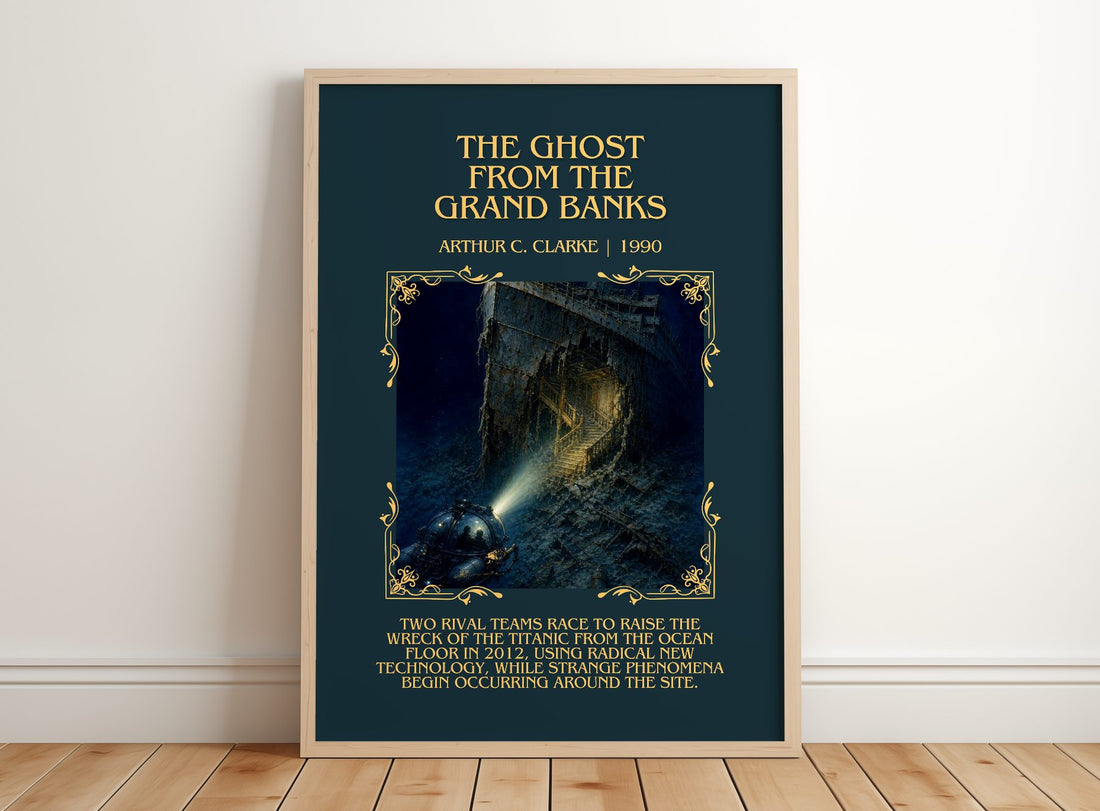 Ghost from the Grand Banks Minimalist Book Poster by Arthur C. Clarke – framed print leaning on a wooden floor