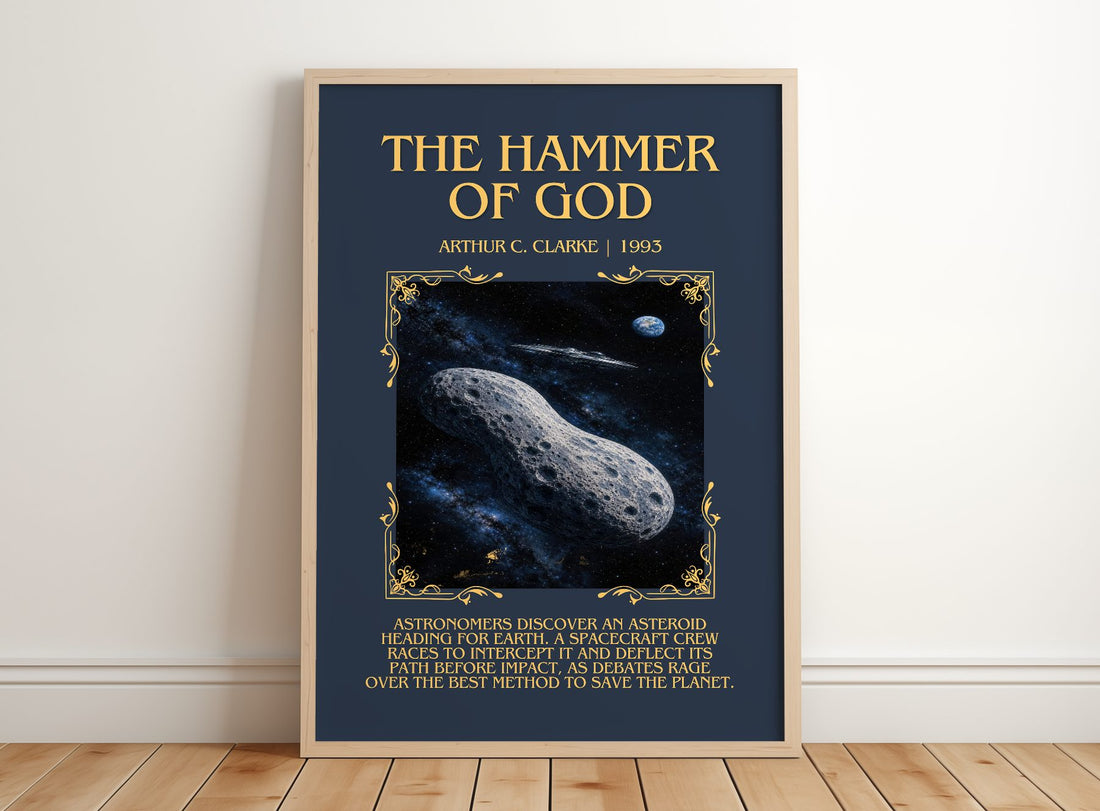 The Hammer of God Minimalist Book Poster by Arthur C. Clarke – framed print leaning on a wooden floor