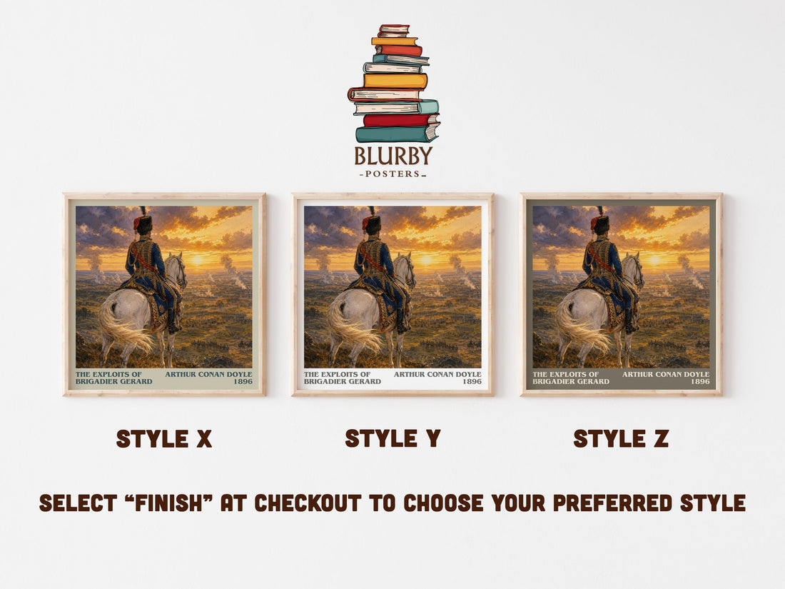 The Exploits Of Brigadier Gerard literary print in frame leaning in hallway – historical fiction wall art (mockup)